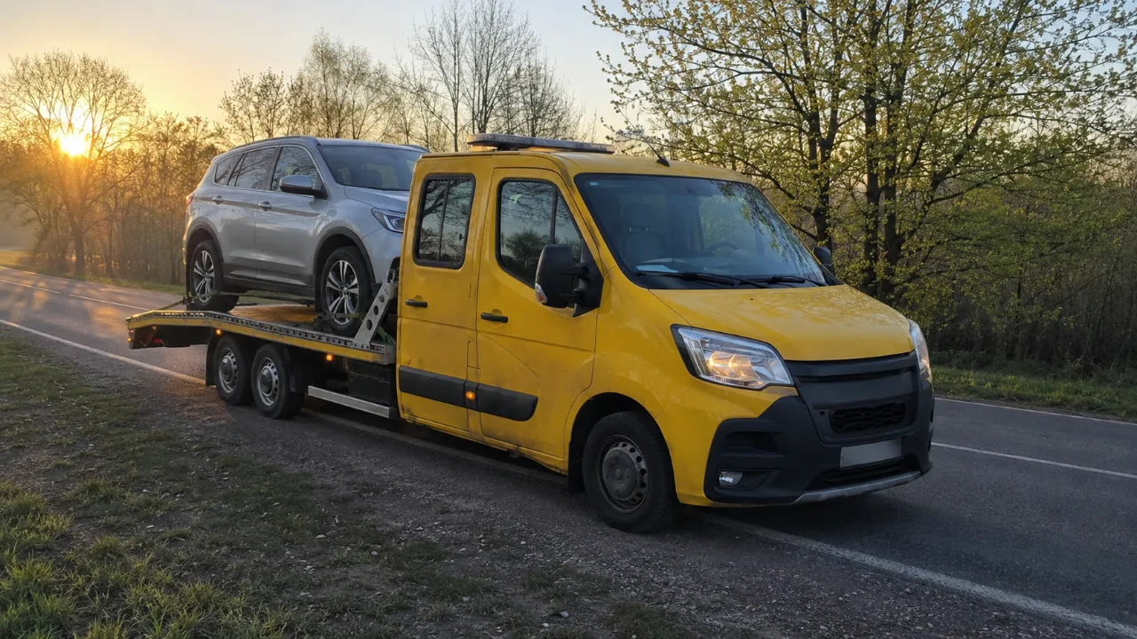 Laweta z ciemnym SUV-em o wschodzie słońca – AutoHol-Zibi Pomoc Drogowa Cieszyn